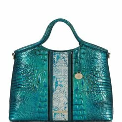 Deals ???? BRAHMIN Shimmer Collection Elaine Colorblock Leather Satchel Bag Peacock ????