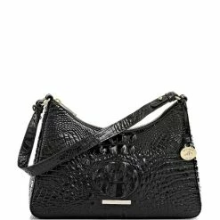 Deals ???? BRAHMIN Melbourne Collection Esme Crocodile-Embossed Leather Shoulder Bag Black ✔️