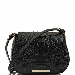 Best Sale ???? BRAHMIN Melbourne Collection Crocodile Embossed Small Nadine Saddle Crossbody Bag Black ⌛