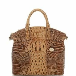 Hot Sale ???? BRAHMIN Melbourne Collection Large Crocodile-Embossed Duxbury Satchel Bag Toasted Almond ????