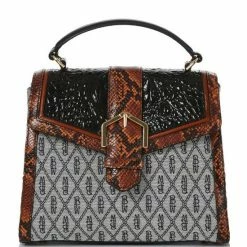 Budget ???? BRAHMIN Alexandria Collection Rene Mixed Media Signature Logo Leather Satchel Bag Black ????