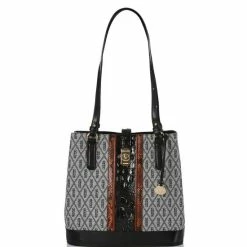 Wholesale ???? BRAHMIN Alexandria Collection Fiora Mixed Media Signature Logo Leather Bucket Bag Black ????